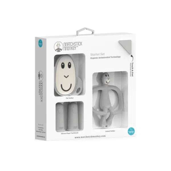 matchstick monkey grey teething starter set side view baby