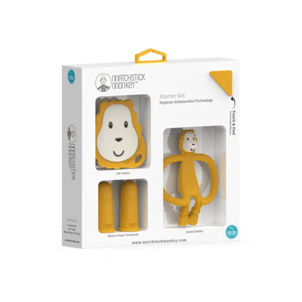 Teething Starter Set - includes Flat Face Teether, Monkey Teether & Silicone Finger Toothbrush (2)