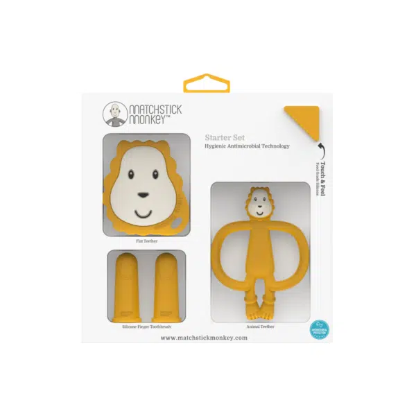 Teething Starter Set - includes Flat Face Teether, Monkey Teether & Silicone Finger Toothbrush (2)