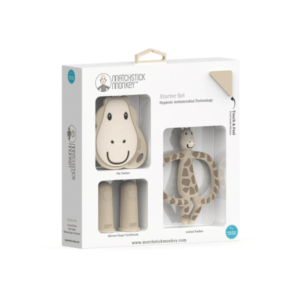 Teething Starter Set - includes Flat Face Teether, Monkey Teether & Silicone Finger Toothbrush (8)