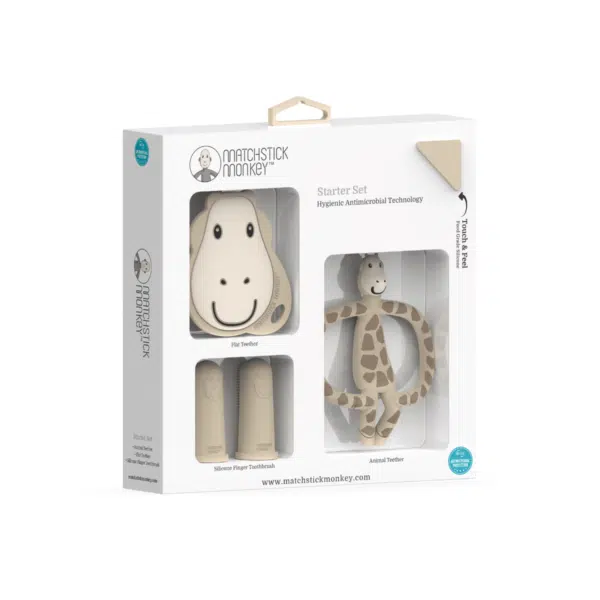 Teething Starter Set - includes Flat Face Teether, Monkey Teether & Silicone Finger Toothbrush (8)