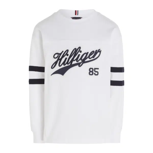 tommy hilfiger boys script long sleeved white tshirt flat lay