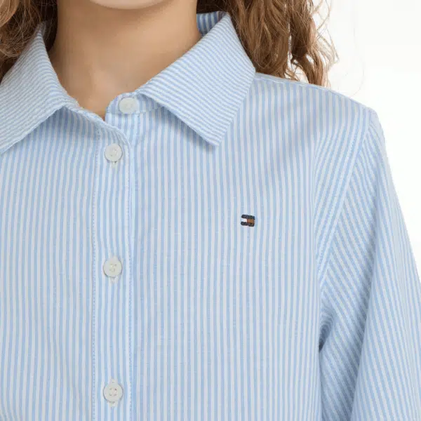 tommy hilfiger girls pale blue striped shirt dress emblem close up