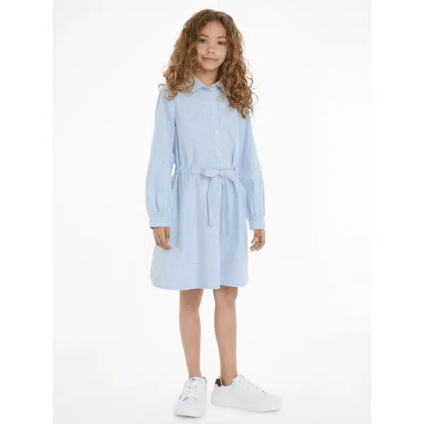 tommy hilfiger girls pale blue striped shirt dress front view on model