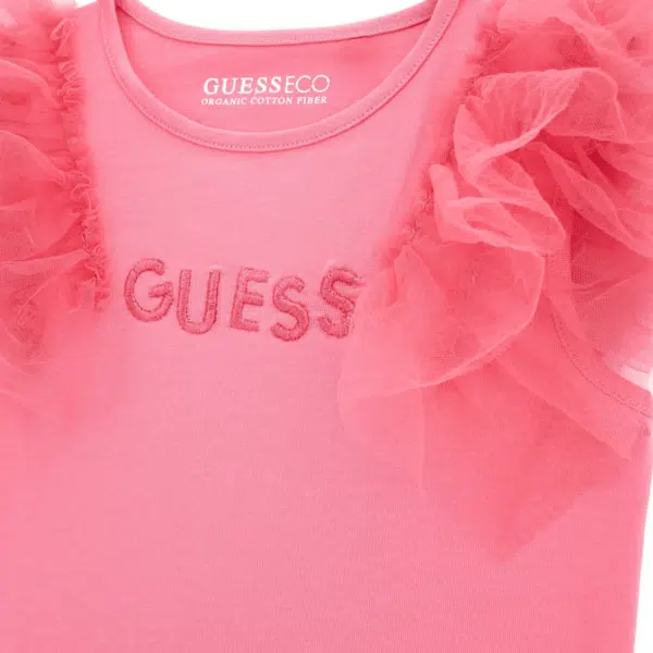 guess girls pink shirt with frilly sleeves close up