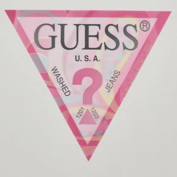 guess girls white tshirt with triangular logo close up of logo