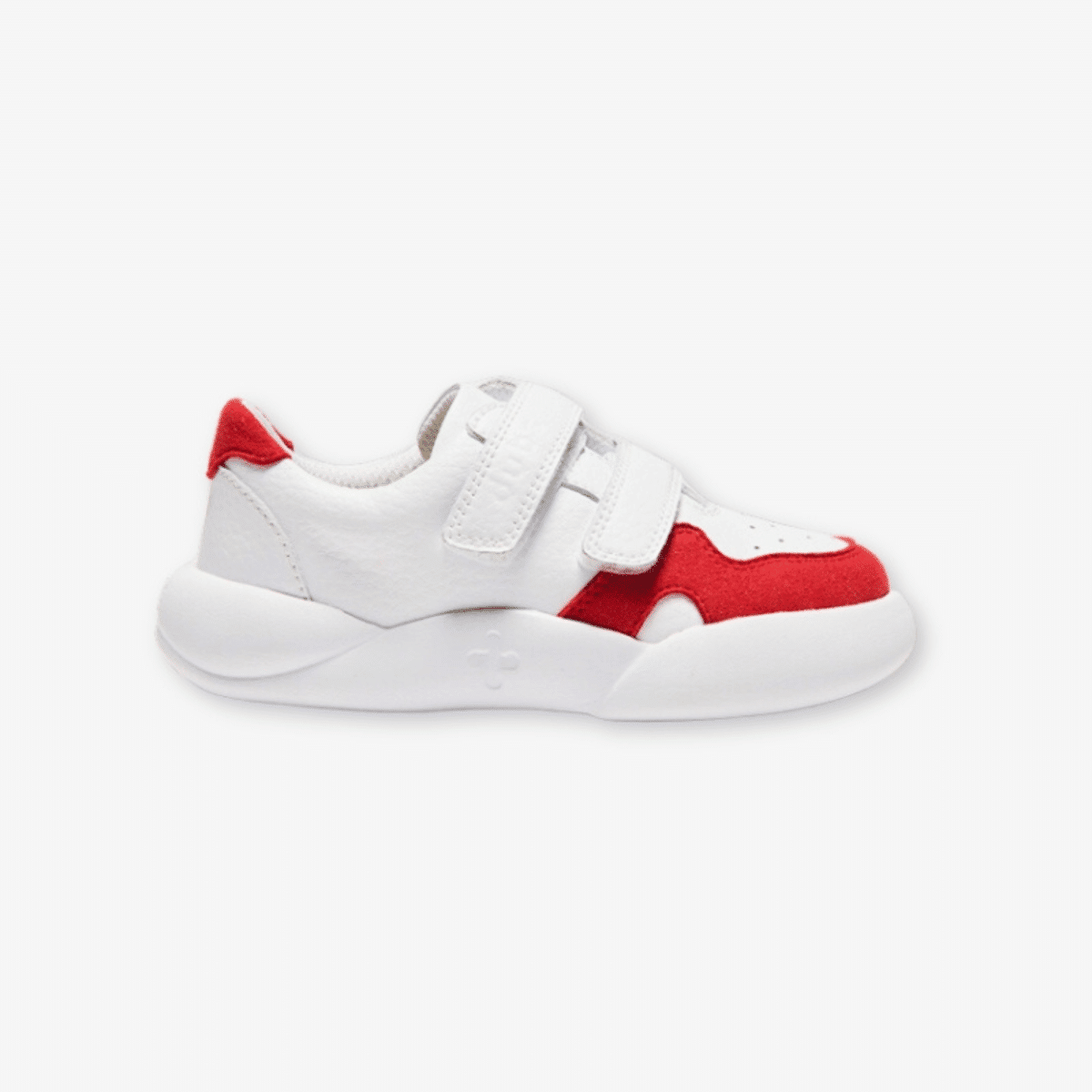 dubs childrens red and white eco-friendly trainers with velcro straps side view