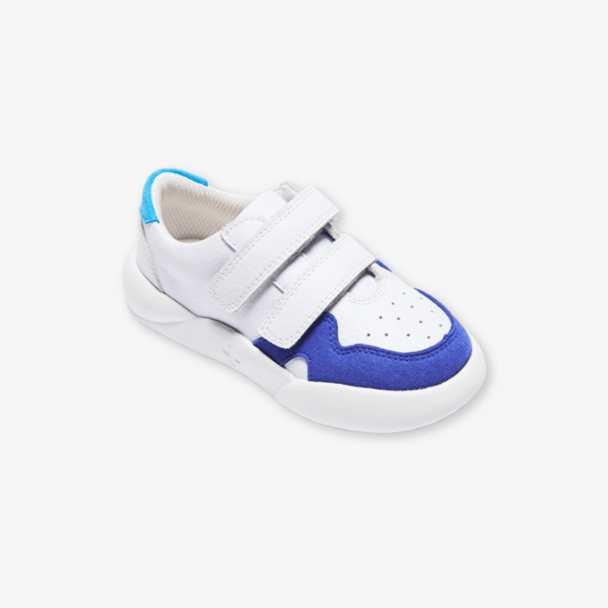 dubs childrens white and blue eco-friendly trainers with velcro straps side view