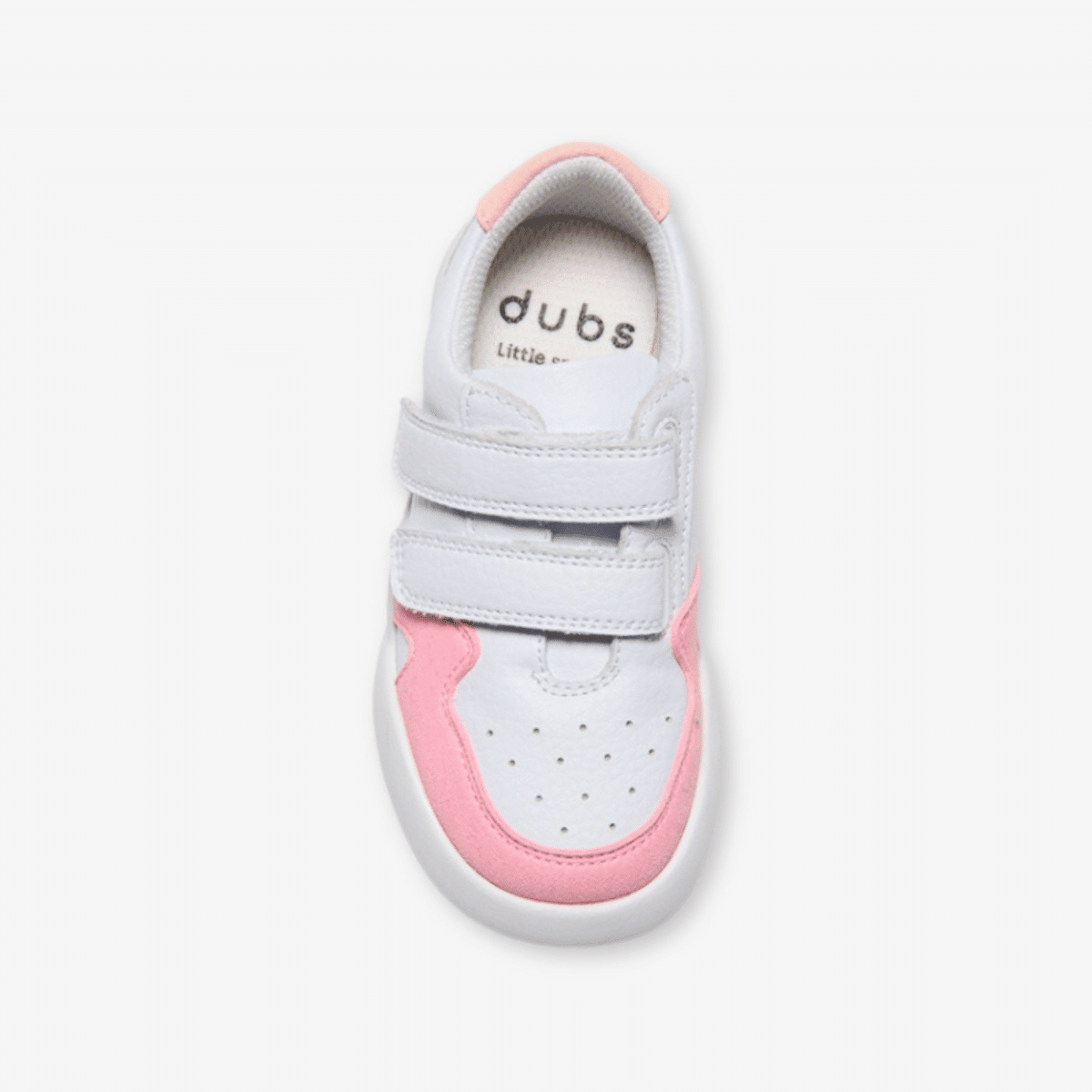 dubs childrens white and pink eco-friendly trainers with velcro straps top view