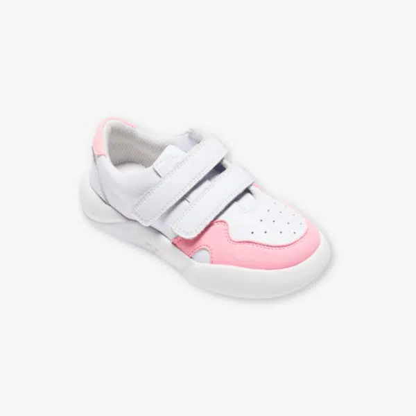 dubs childrens pink and white eco-friendly trainers with velcro straps side view