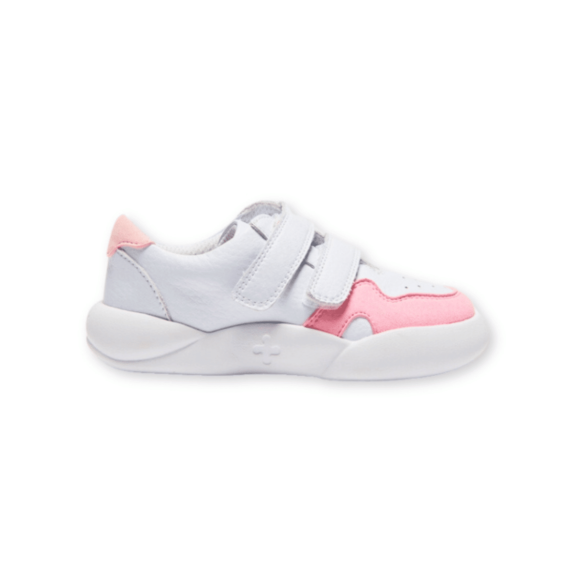 dubs childrens pink and white eco-friendly trainers with velcro straps side view